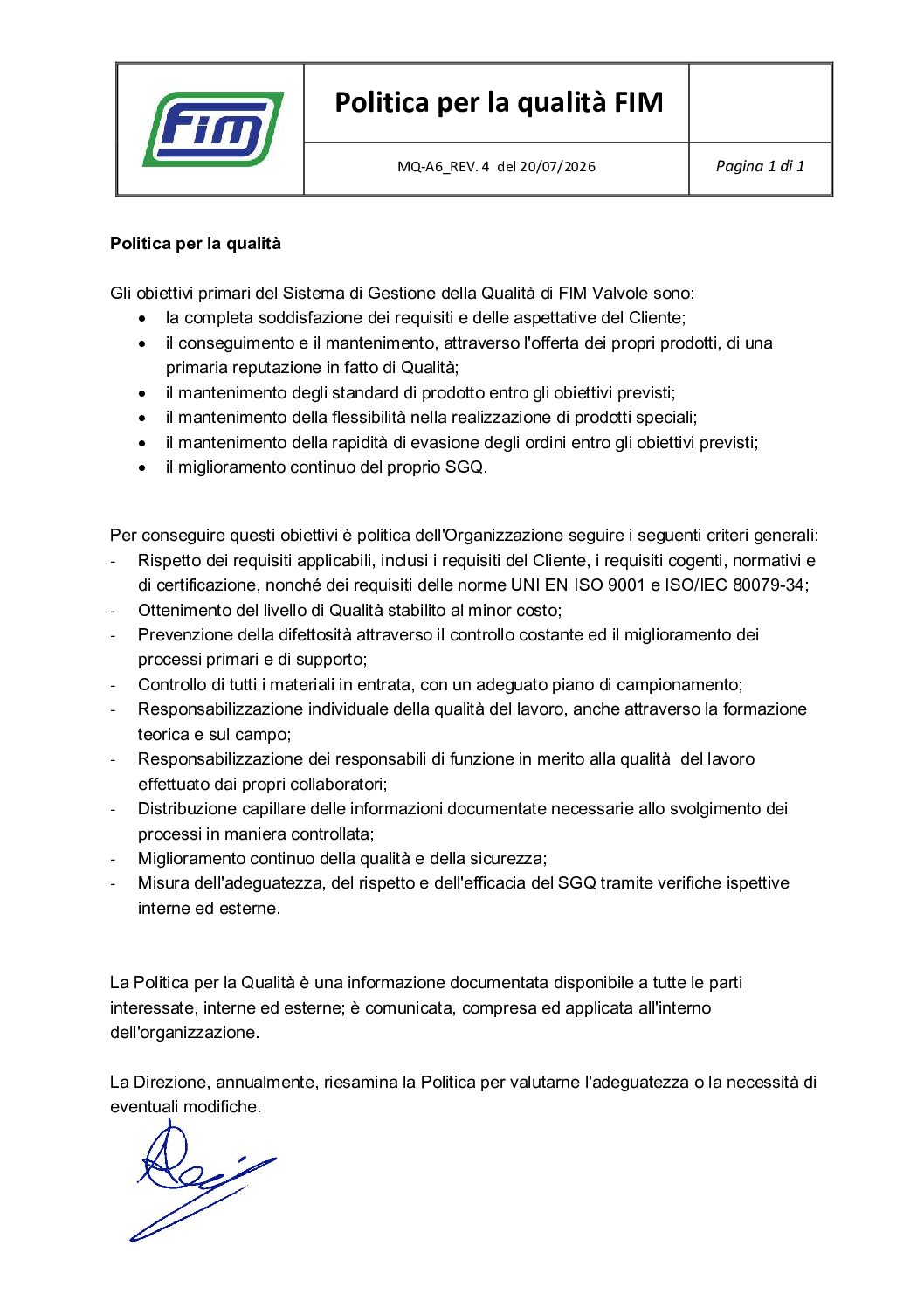 Fim Valvole | Certificazioni